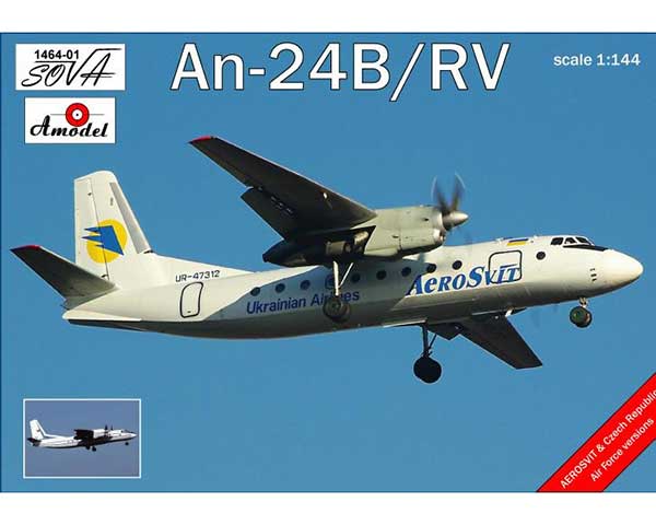 Сборная модель Amodel Пассажирский авиалайнер Antonov An-24B/RV Ukrainian airlines 1:144 (AMO1464-01)