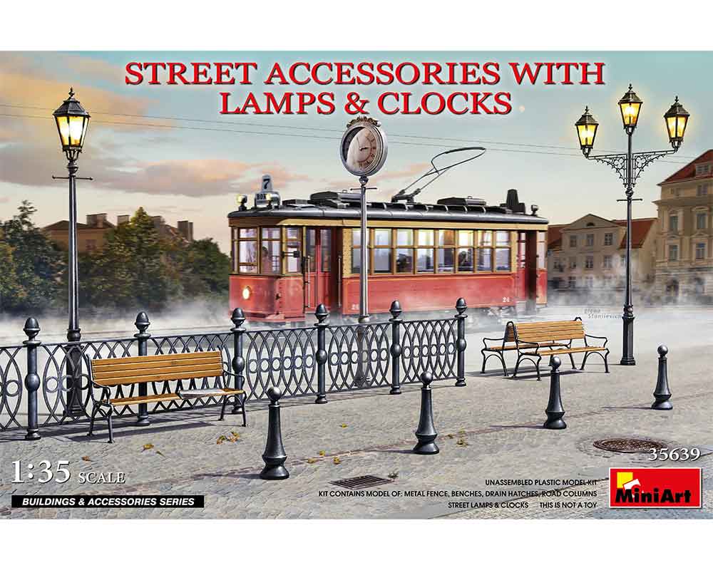Сборная модель MiniArt Уличные аксессуары с фонарями и часами 1:35 (MA35639)