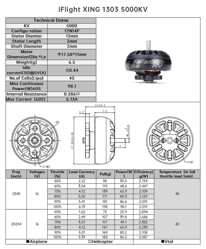 Характеристики iFlight XING 1303 FPV Micro Motor 5000KV