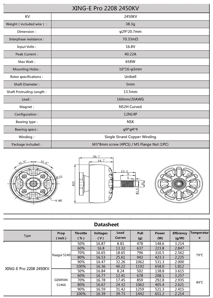 Характеристики XING-E Pro 2208 2-6S 2450KV