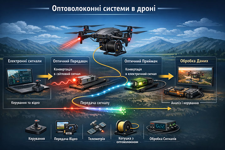 Оптоволоконні системи в радіокерованих дронах Оптоволоконні системи в радіокерованих дронах